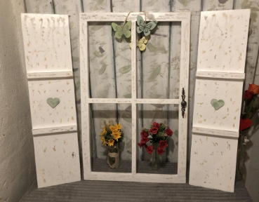 Deko Sprossenfenster ( 50 cm x 115 cm ) mit Metallgriff + 2 Läden weiß geschliffen shabby chic - Handarbeit ( Inndoor / Outdoor )