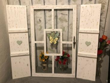 Tolles Set - Deko Sprossenfenster ( 50 cm x 70 cm ) mit Metallgriff + 2 Läden weiß geschliffen shabby chic Vintage